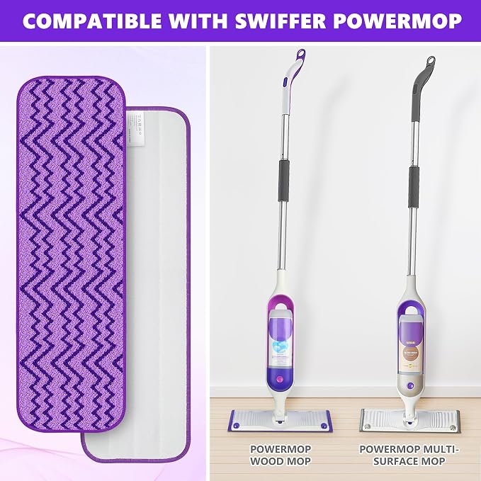 Reusable Microfiber Mop Pads for Swiffer PowerMop, 15" Washable Refills | 6 Absorbent Mopping Replacements, Wet Dry Use, for Multi-Surface Hardwood Tile Floor, Kitchen Bathroom Cleaning, Purple