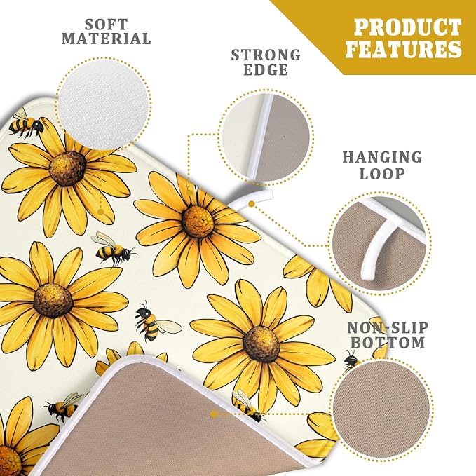 Spring Summer Sunflower Bee Dish Drying Mat 16×18 Inch | Polyester，Absorbent Microfiber，for Kitchen Coffee Dining Bar Decor