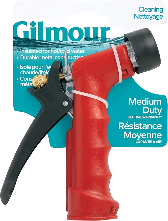 Gilmour Medium Duty Garden Hose Nozzle with Insulated Grip, Hot Water Hose Nozzle for Watering and Cleaning | Hot Water Use, Ergonomic Grip, Rear Control, Trigger Lock, Flow Control, Threaded Tip
