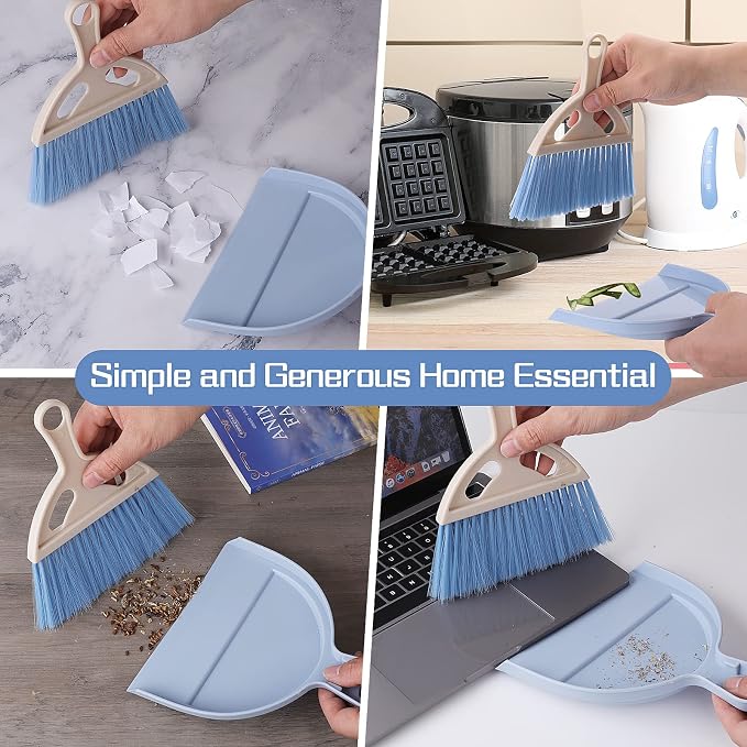 cobee Small Broom and Dustpan Cleaning Set, Mini Whisk Dustpan and Brush with Handle Portable Table Top Dust Pan Dining Table Crumb Sweeper Cleaning Tools with Soft Bristles for Housekeeping(Blue)
