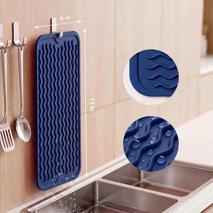 MicoYang Silicone Dish Drying Mat for Multiple Usage,Easy clean,Eco-friendly,Heat-resistant Silicone Mat for Kitchen Counter,Sink,Bar,Bottle,or Cup Navy Blue M 17 inches x 6 inches