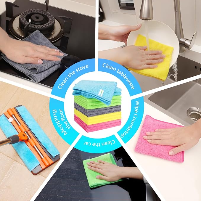 Forggon 15pcs Microfiber Cleaning Cloth Lint Free, Absorbent, Streak Free, Non-Abrasive, Reusable and Washable，Cleaning Towels with 5 Color Assorted,11.5"X11.5"(Green/Blue/Yellow/Pink/Grey)
