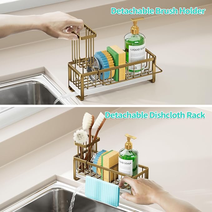 HapiRm Sponge Holder for Kitchen Sink - Self-draining Sink Caddy with Brush and Dishcloth Holders, Stainless Steel Kitchen Countertop Organizers and Storage Essentials - Dark Gold