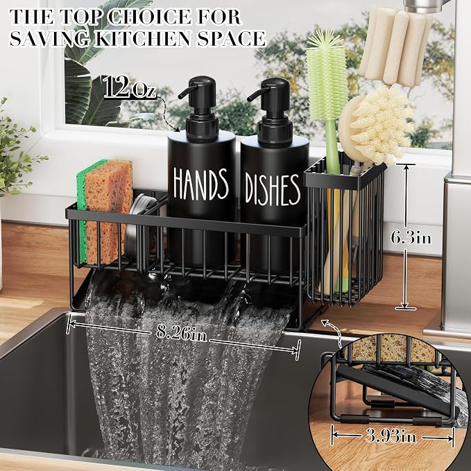 MASADI Kitchen Dish Soap Dispenser Set with Sponge Holder, 12OZ Glass Bottle, Hand and Dish Soap Dispenser Set, Non-Slip Silicone Pad, Brush Holder, Kitchen Sink Organizer Countertop (Black)
