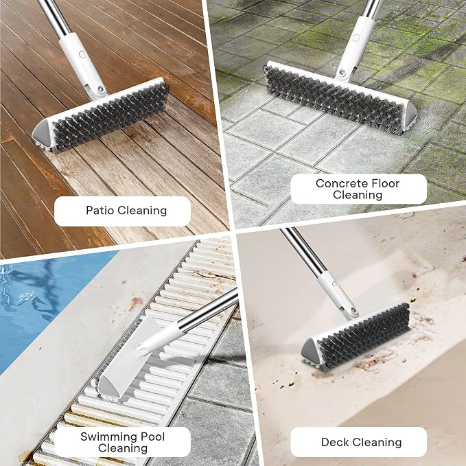 Grout Brush with Long Heavy Duty Handle, 180° Swivel Floor Scrub Brush, V-Shaped Grout Line Scrubber with Stiff Bristles, Cleaning Brush for Deep Cleaning Tile Grout, Shower, Kitchen, and Concrete