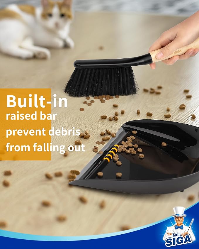 MR.SIGA Dustpan and Brush Set, Bamboo Handle, Black, 1 Set | Handheld brush and dustpan combo with hanging loop, small broom and dustpan set