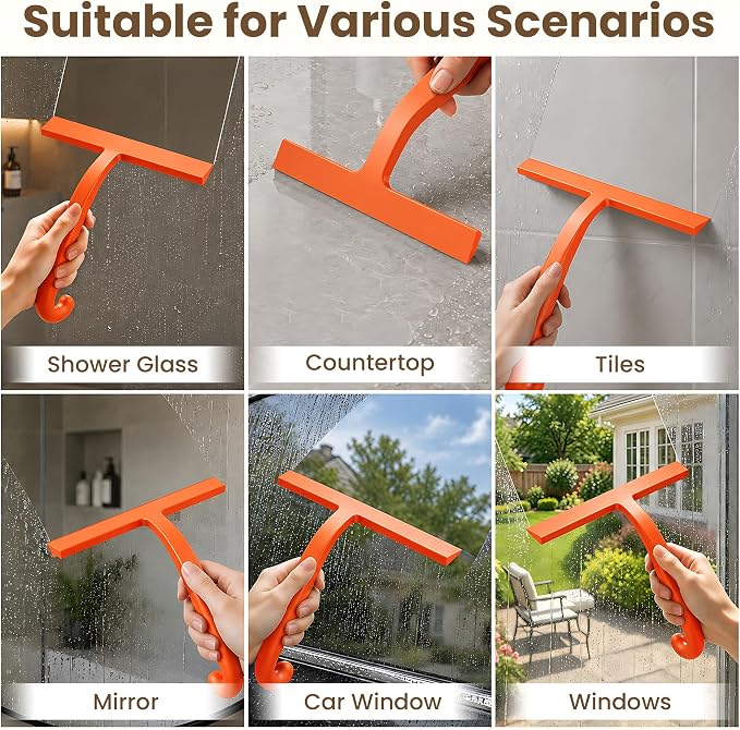 10 Inch Silicone Shower Squeegee for Glass Doors, Streak-Free, Orange | No-Squeak Silicone Blade, Ergonomic Round Grip and Built-In Hook for Quick Daily Cleaning of Shower Glass, Tile and Windows