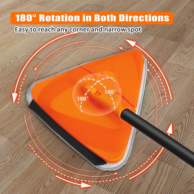 JEHONN Wall Mop with Long Handle 80 inches, Upgraded 180° Collapsible Baseboard Cleaner Tool with Squeegee, Ceiling Duster with 3 Microfiber and 3 Chenille Pads for Cleaning Window, Cabinet (Orange)