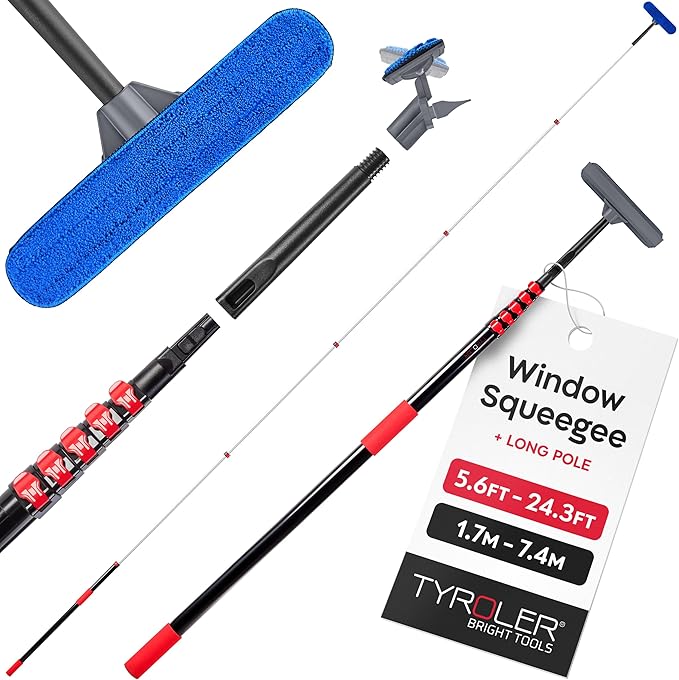 Tyroler Professional Window Squeegee with Extension Pole 6-25ft | | Squeegee for Window Cleaning | Outdoor Window Cleaner Tool | Windows Washing Kit with Extension Pole