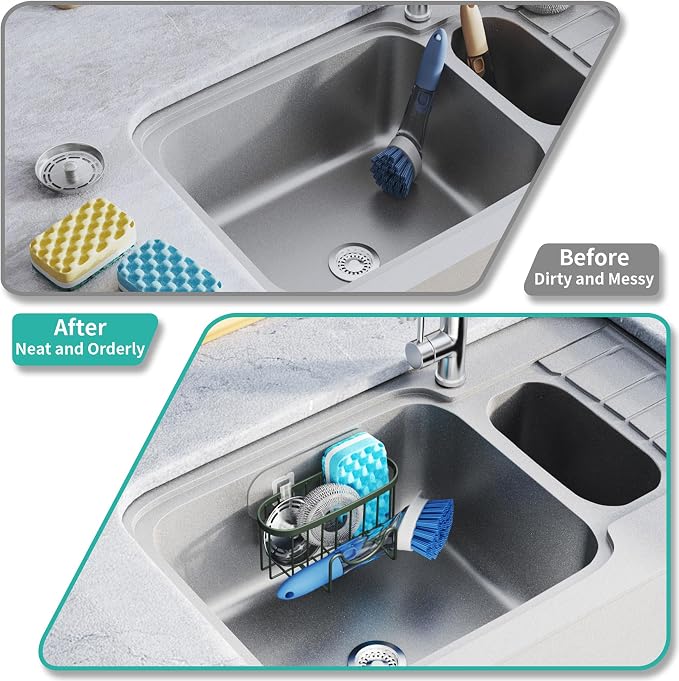 HapiRm Sponge Holder for Kitchen Sink - Sink Caddy with Unique M-Shaped, 2 Installation Methods Kitchen Organizer, Rustproof Stainless Steel Sponge Caddy - Green
