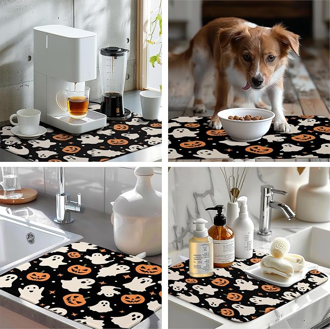 Halloween Dish Drying Mat for Kitchen Counter Pumpkin Spooky Ghosts Fall Dish Mat Absorbent Microfiber Reversible Dish Draining Mat Extra Large Dishes Pad 18 X 24 Inch