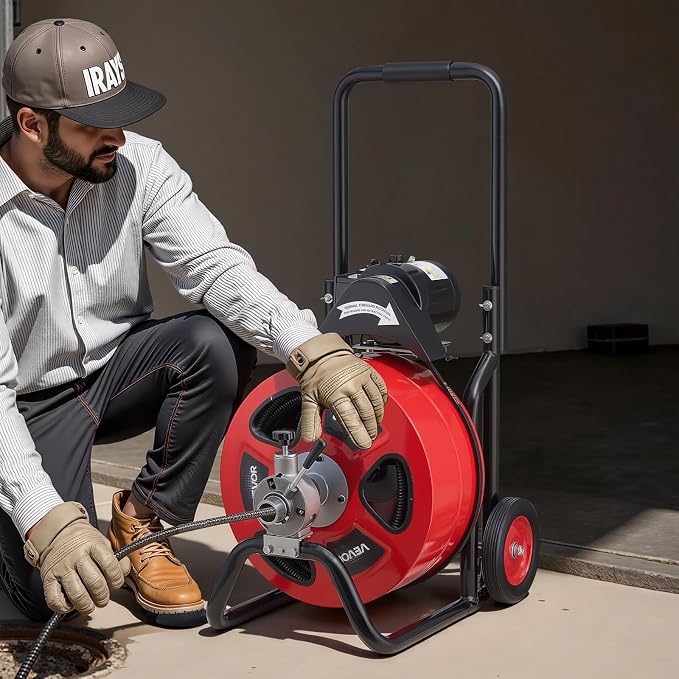 VEVOR Drain Cleaner Machine 100 FT x 3/4 Inch, Auto Feed Sewer Snake Auger on Wheels, Portable Drain Cleaning Machine with 4 Cutters & Air-activated Foot Switch for 4" to 8" Pipes