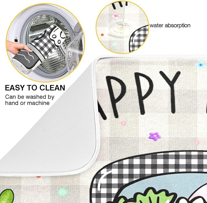 Easter Eggs Bunny Rabbit Dish Drying Mat Quick Absorbent 18x24 Easter Day Black White Buffalo Plaid Kitchen Drying Mat for Countertop Sink Reusable Dishes Mats Kitchen Essentials