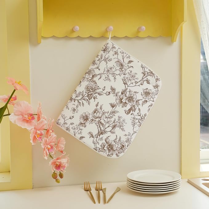 Chinoiserie Dish Drying Mat 18x24 Inches For Kitchen Counter Brown Floral Kitchen Decoration Drying Mat Vintage Decorative Flower Drying Pad Mat for Home Kitchen Decor,Dining Room,Office Decor