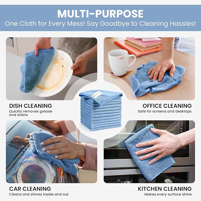 SIFANGKE Microfiber Cleaning Cloth, 12 Pack Blue Cleaning Rags for Housekeeping, Reusable Microfiber Towels for Car, Kitchen, Bathroom and Household Cleaning Supplies, 11.8"X11.8"