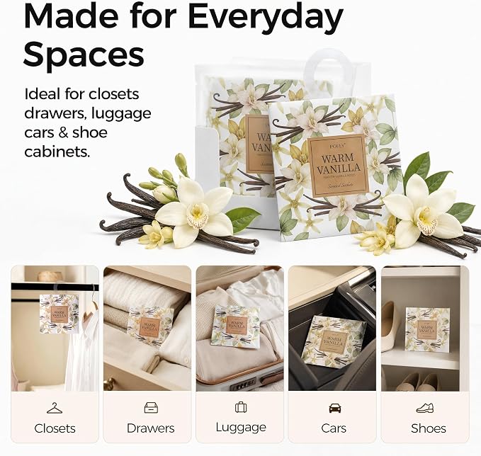 12 Pack Warm Vanilla Scented Sachets, Air Freshener for Small Spaces | Hanging Sachet Bags with Retractable Hook; Closet Deodorizer & Odor Eliminator for Drawers, Shoe Cabinets, Cars & Luggage