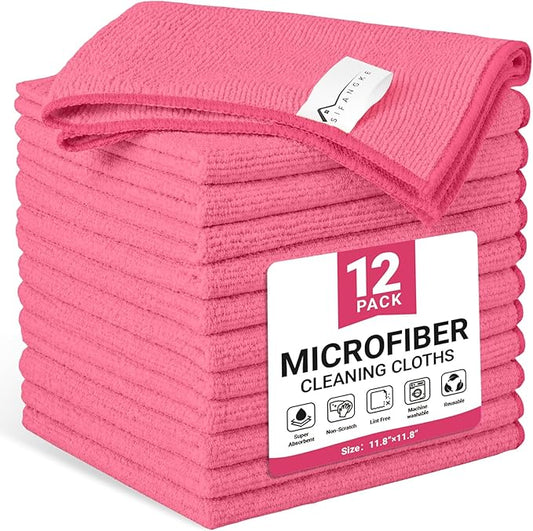 SIFANGKE Microfiber Cleaning Cloth, 12 Pack HotPink Cleaning Rags for Housekeeping, Reusable Microfiber Towels for Car, Kitchen, Bathroom and Household Cleaning Supplies, 11.8"X11.8"