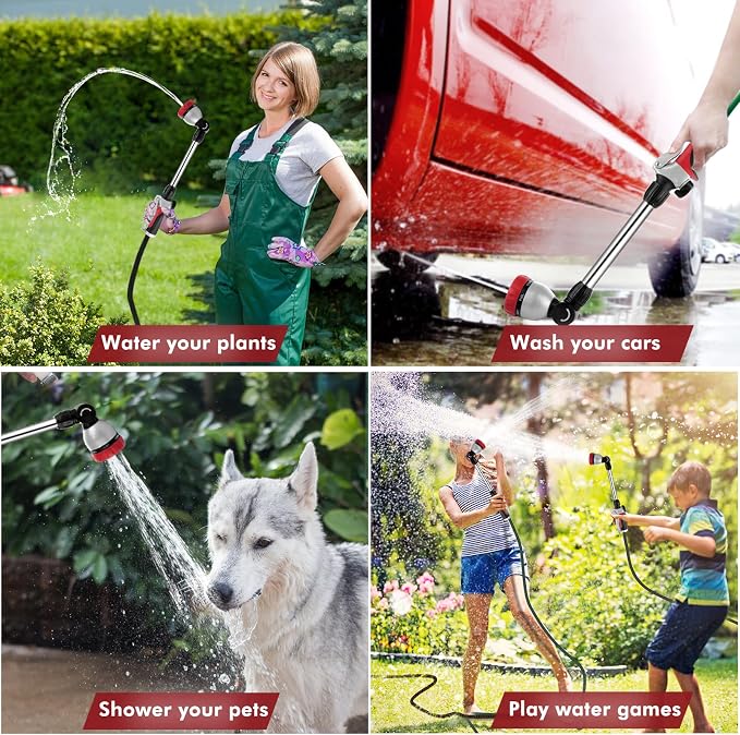 RESTMO Heavy Duty Metal Hose Wand, Watering Wand for Garden Hose | 180° Swivel Ratcheting Head, 16'' Hose Sprayer, 7 Spray Patterns, Flow Control, Ideal for Hanging Baskets & Shrubs, Red