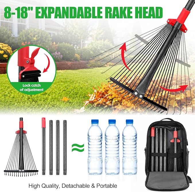 76Inch Adjustable Metal Leaf Rake, 18 Metal Tines Heavy Duty Leaves Rake for Lawns with 8-18" Expandable Head Long Handle Garden Rakes for Women Kids Leaves Yard Gardening Grass Outdoor Camping Debris