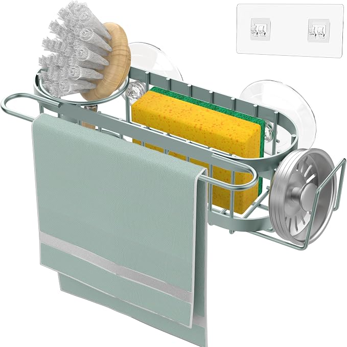 Cisily Kitchen Sink Caddy Sponge Holder in The Sink, Stainless Steel Kitchen Sink Organizer, Brush Holder, Dish Cloth Hanger, Sink Stopper Holder (Suction cup-Sage Green)