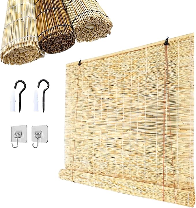 Bamboo Shades for Outdoor Patio, Natural Reed Roller Blinds for Indoor Windows, Retro Cordless Shades 20 22 27 30 36 48 72in Outside Privacy Bamboo Roll Up Shades(Natural White,56" W x 72" H)