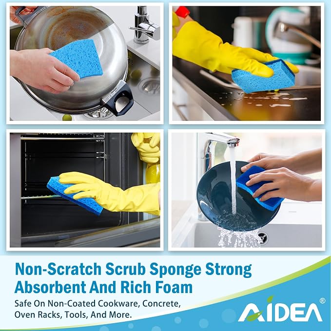 AIDEA Non-Scratch Scrub Sponge-48Count, Sponges Kitchen, Sponges for Dishes | Cleaning Sponge, Cleans Fast Without Scratching, Stands Up to Stuck-on Grime, Cleaning Power for Everyday Jobs
