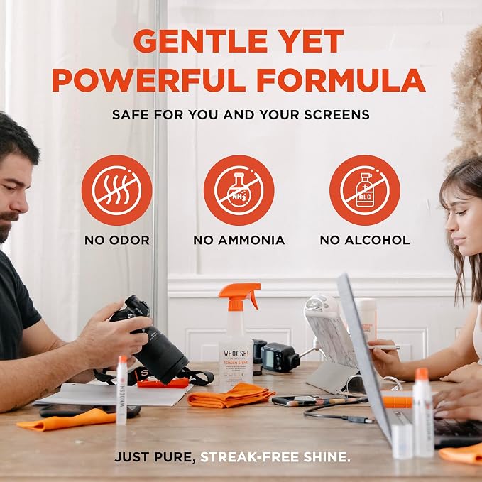 WHOOSH Screen Shine Pro Refillable Screen Cleaner, 16.9 fl oz | Streak Free Finish, Non Toxic and Odorless, For Flat Screens, OLED, LCD and Monitors, Microfiber Cloth Included