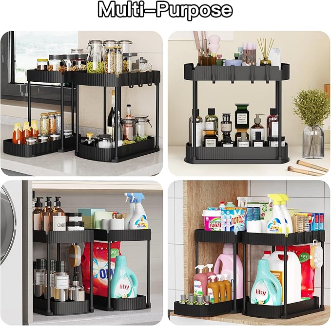 Ukeetap Multi-Purpose Pull-Out Storage Organizers, Under Sink/Cabinet Organizers and Storage for Bathroom & Kitchen, Black, 12.8 Inches, 2 Packs