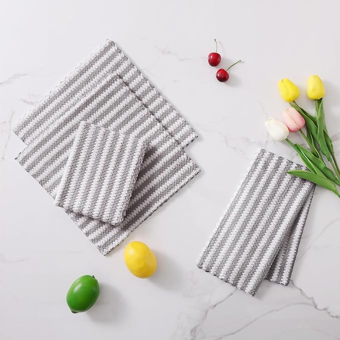 Homaxy 12 Pack Kitchen Dish Cloths, Ultra Soft and Absorbent Dish Towels, Reusable Fast Drying Microfiber Cleaning Cloth, Coral Velvet Wave Design No-lint, 10 x 10 inches, Grey