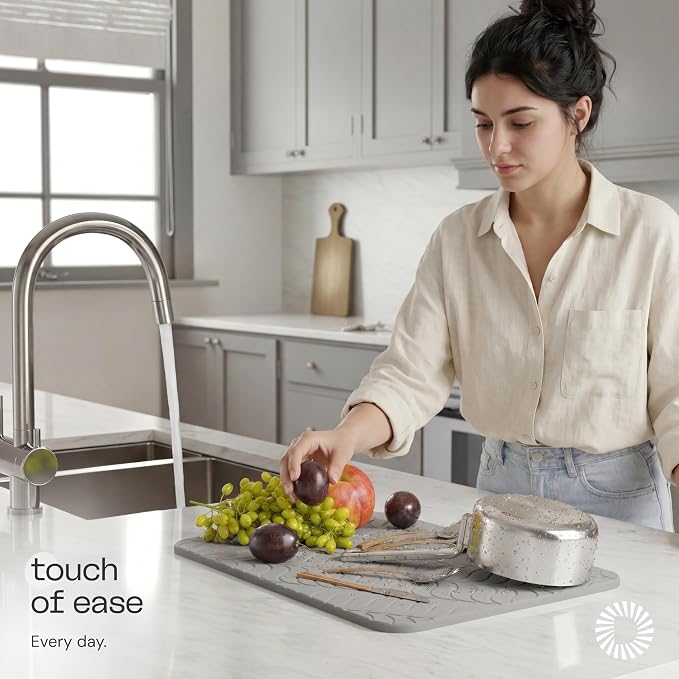 Deepstone Diatomite Stone Dish Drying Mat – Fast-Drying Natural Diatomaceous Earth Kitchen Countertop Drying Board – Super Absorbent & Non-Slip, 16 x 12 in (Gray)