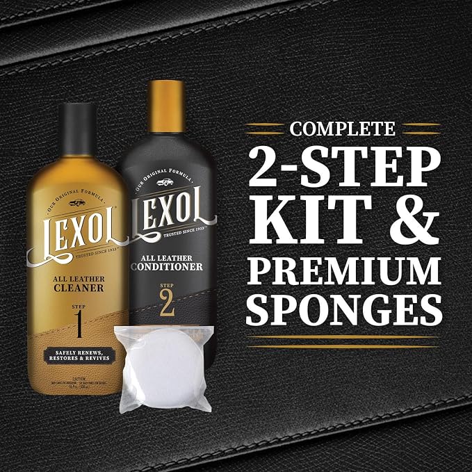 Leather Cleaner & Conditioner Kit by Lexol for Furniture, Car Interior, Shoes, Handbags, Includes 2 Application Sponges, Two-Step System, 16 Oz Each