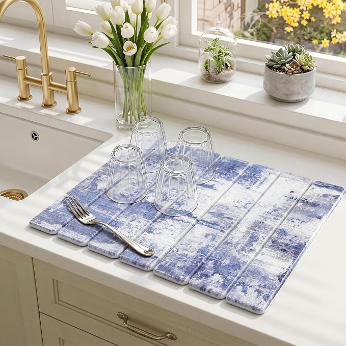 Findosom Stone Dish Drying Mat for Kitchen Counter, 15.7" × 11.8" Foldable Non-Slip Stone Drying Mat with Abstract Pattern, Heat Resistant Diatomaceous Earth Mat for Bath, Dishes, Cups, Blue