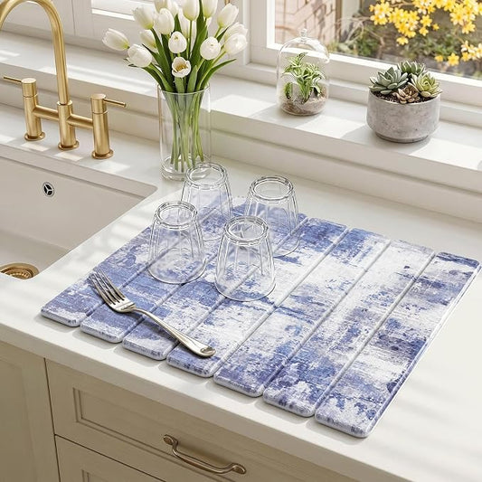 Findosom Stone Dish Drying Mat for Kitchen Counter, 15.7" × 11.8" Foldable Non-Slip Stone Drying Mat with Abstract Pattern, Heat Resistant Diatomaceous Earth Mat for Bath, Dishes, Cups, Blue
