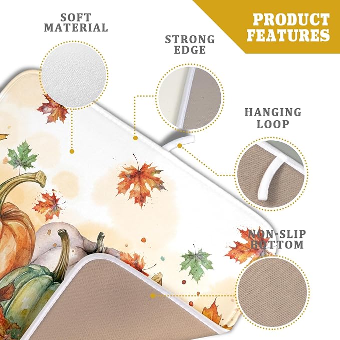 Fall Dish Drying Mat for Kitchen Counter 16×18 Inch Orange Pumpkin Drainer Pad Rustic Autumn Dish Rack Pad Drainer Mat Thanksgiving Absorbent Reversible Microfiber Dish Drying Pad for Coffee Bar