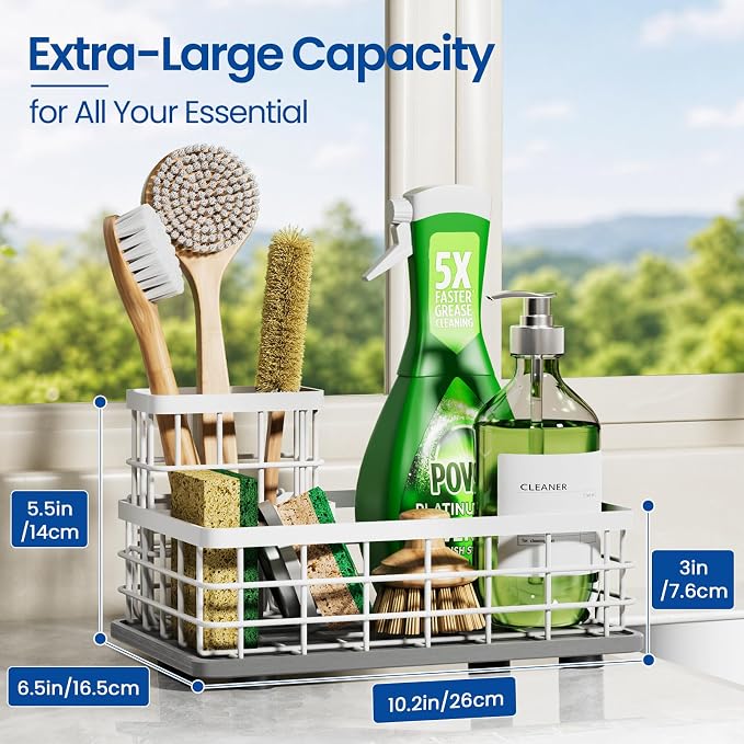 Extra Large Kitchen Sink Caddy Organizer, Stainless Steel Sponge Holder for Kitchen Sink with Brush Holder, Diatomite Stone Sink Tray for Soap Dispenser, Sponge, Bathroom Countertop Organizer, White