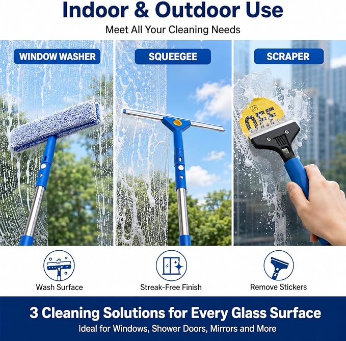 Window Cleaning Kit with Extendable Long Handle, Professional Window Squeegee & Window Washer Tool Set for Indoor Outdoor High Windows, Glass, RV & Shower Doors