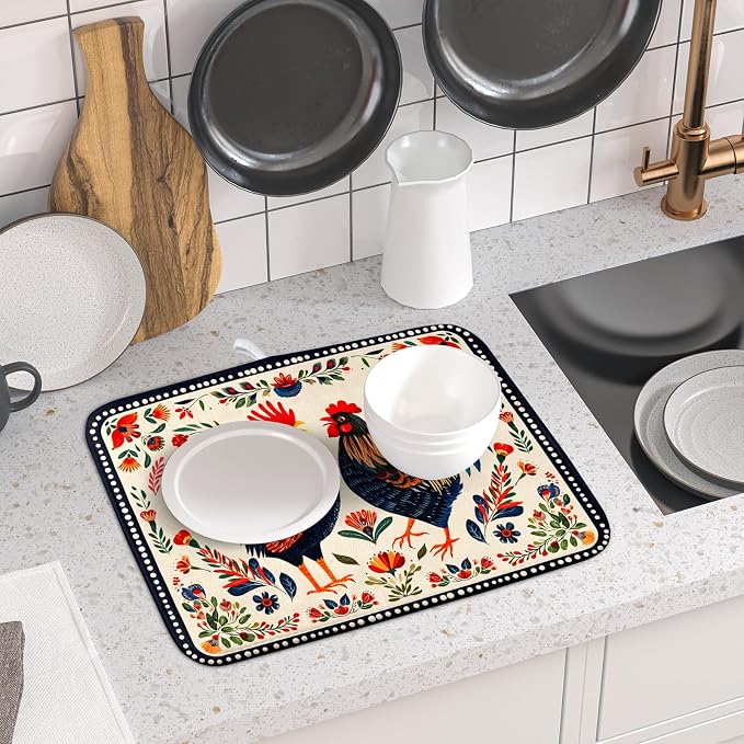 Roosters Chicken Dish Drying Mat for Kitchen Counter Absorbent Microfiber Drying Pad 16 x18 In