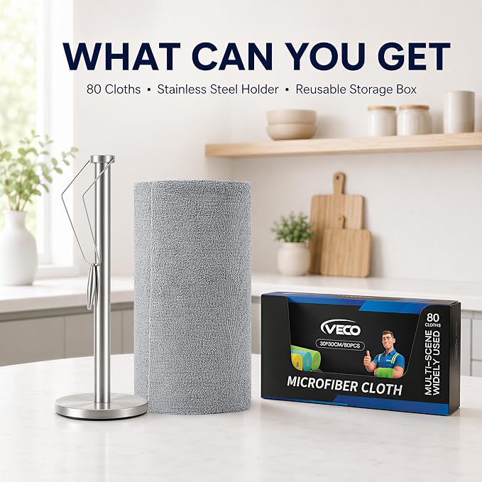 Veco Microfiber Cleaning Cloth Roll 80 PCS Gray, 12" x 12" | Lint-Free, Streak-Free, Tear Away Reusable Microfiber Towels, Cleaning Rags for Kitchen, Car & Home