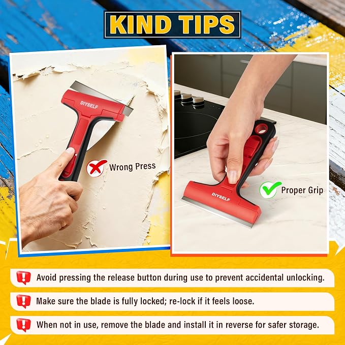 DIYSELF Razor Blade Scraper with 10 PCS 4" Blades, Scraper for Cleaning | Razor Scraper for Cleaning Glass, Window, Stove Top, Oven, Kitchen, Cooktop, Shower Door, Sticky Residue, Wallpaper, Red