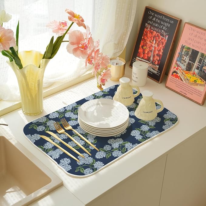 Navy Blue Dish Drying Mat 18x24 Inch Blue Green Vintage Floral Hydrangea Flower Drying Mat Spring Summer Seasonal Absorbent Dish Drying Pad Dish Rack Drainer Mats for Kitchen Dining Counter