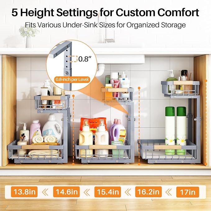 PXRACK Under Sink Organizer, Adjustable Height, 2 Tier Pull Out Under Cabinet Organizer, Slide Out Thickened Metal Under Sink Storage for Kitchen Bathroom Laundry Pantry Cabinet, Grey, Large-2-Pack
