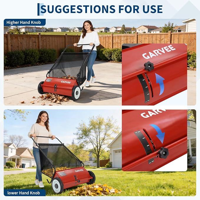 Garvee 26-Inch Push Lawn Sweeper for Yard and Garden Cleanup Red | 4 Leaf Sweeper Brush, Large 7 cu. ft. Hopper Bag, Height Adjustable, Durable Steel Frame