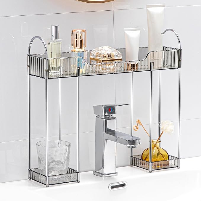 YCIA&DONE Bathroom Countertop Organizer Over The Faucet, Narrow Counter Organizers Above Sink, Table Mounted Faucet Over Sink Shelf for Kitchen, Toilet, Laundry(Smoky Gray)