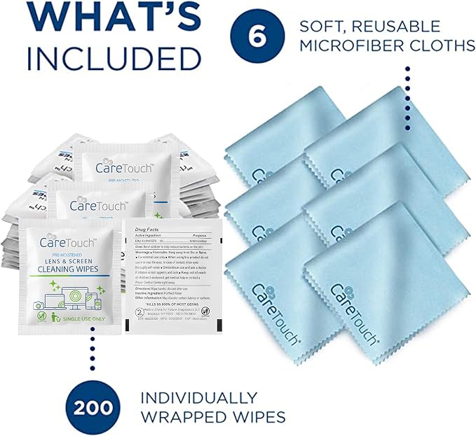 Care Touch Lens Cleaning Wipes with Microfiber Cloths - 200 Lens Wipes for Eyeglasses & 6 Microfiber Cloths - Glasses, Camera Lenses, Screens, Eye Glasses Cleaner for Cleaning Eyeglasses
