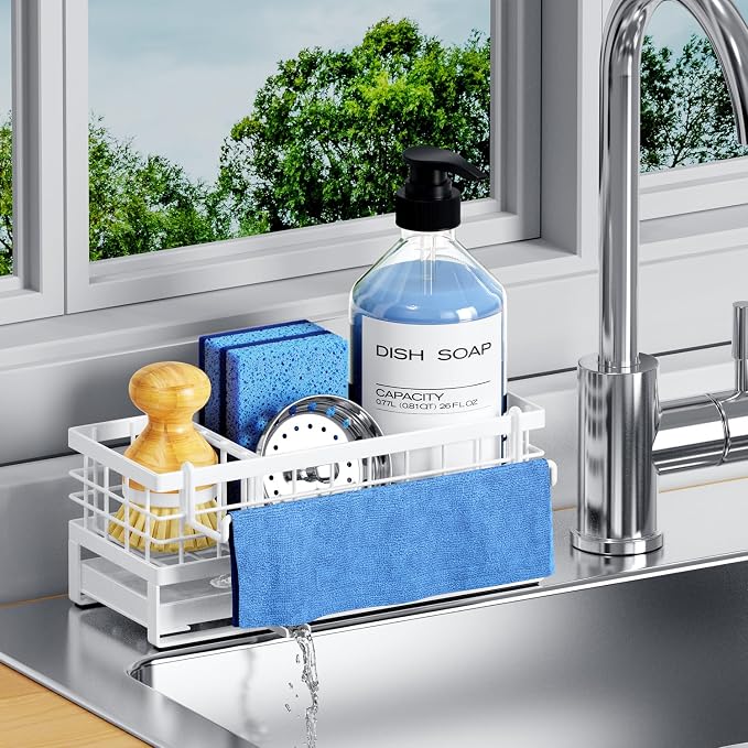 Kitchen Sink Sponge Holder - Self-Draining, Detachable Dish Cloth Holder, Rustproof Kitchen Countertop Organizer (White)