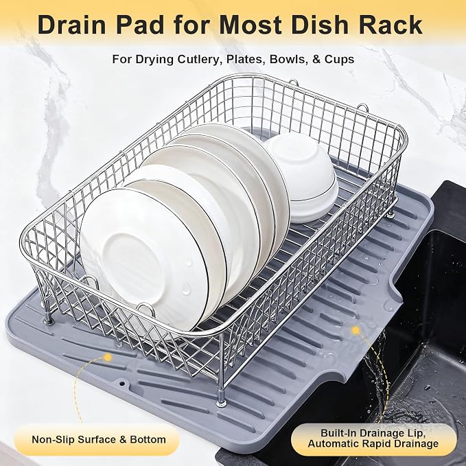 Silicone Dish Drying Mat for Kitchen Counter,Non-Slip Dish Drying Pad with Drain Lip,Heat Resistant Sink drying Mat for Dishes,Large Rubber dish drain mat dish rack mat (Grey,15.8"x13")