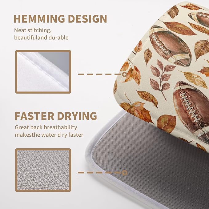Burnt Orange Football Maple Leaves Fall Dish Drying Mat for Kitchen Counter Autumn Thanksgiving Dish Drying Pad Seasonal Harvest Holiday Absorbent Microfiber Dishes Drainer Mats 18x24 Inch