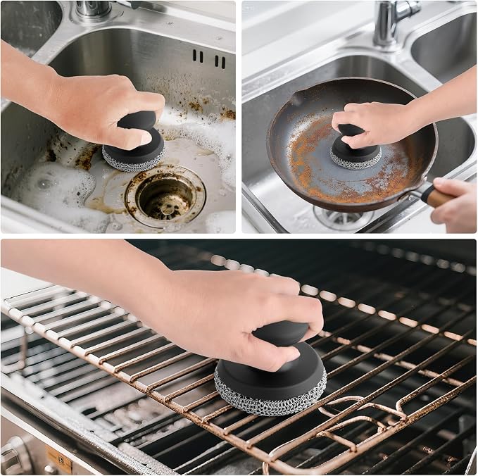 Cast Iron Scrubber Cleaner, Chainmail Scrubber for Cast Iron Pan Skillet, Dish Scouring Pad, 316 Stainless Steel Brush/Scraper for Metal Skillet Scrubbing, Wok, Dutch Oven Cleaning Kit - Thin Mesh