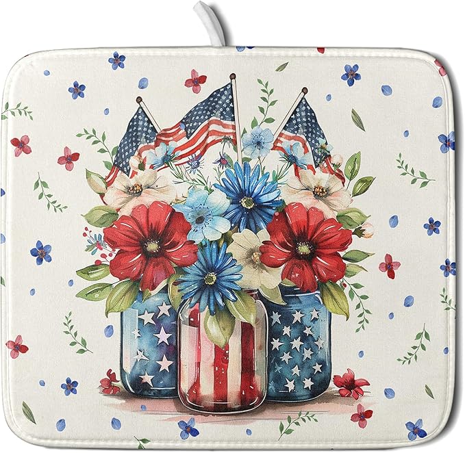 Giwawa American Patriotic Floral Dish Drying Mat Flower Vase Drainer Rack Mats 16"x18" Absorbent Microfiber Dish Dry Pad for Kitchen Counter Sink