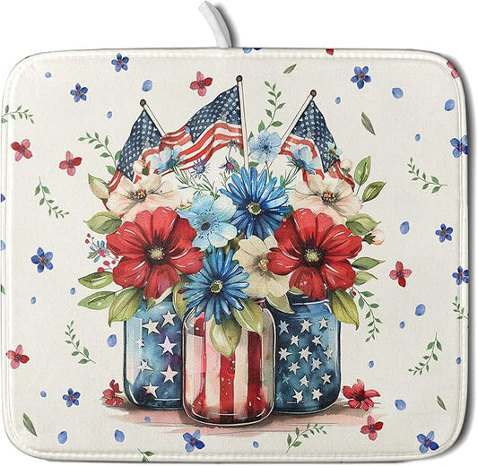 Giwawa American Patriotic Floral Dish Drying Mat Flower Vase Drainer Rack Mats 16"x18" Absorbent Microfiber Dish Dry Pad for Kitchen Counter Sink